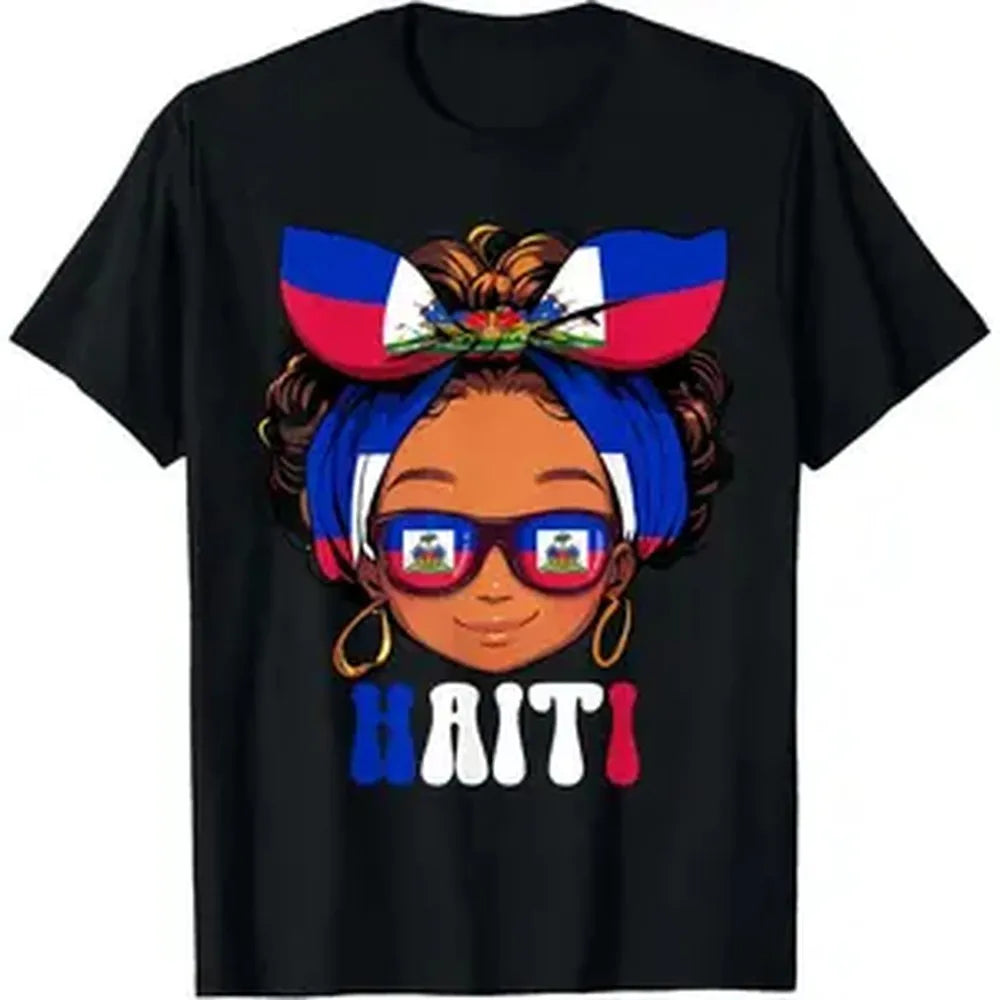 Haitian Girl Graphic T-Shirt Haiti Pride Messy Hair Flag Print Short Sleeve Cotton Tee Patriotic Kids Boys Girls Casual Tops Birthday Gift