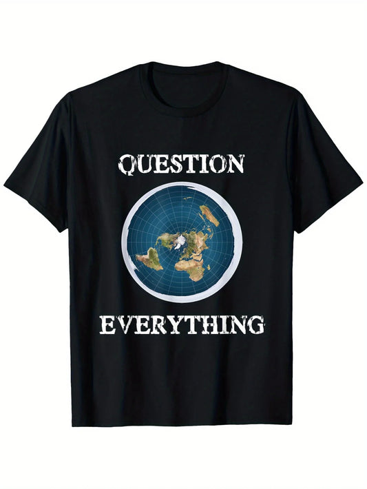 Trendy Men's Black Graphic T-Shirt Question Everything Globe Map Circular Earth Distressed Letter Print Statement Design 100% Cotton Heavyweight Short Sleeve Casual Streetwear Tee