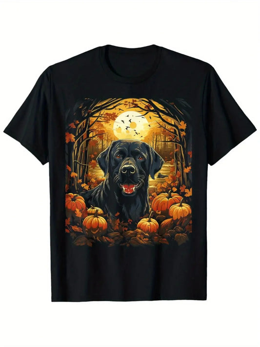 Vintage Men's Black Graphic T-Shirt Black Dog Pumpkin Moonlit Forest Autumn Leaves Night Scene Retro Print 100% Cotton Heavyweight Short Sleeve Casual Streetwear Tee