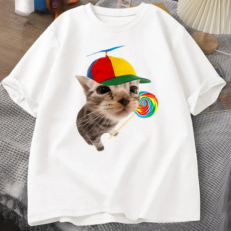 HOT SALE Funny Cat Design T-shirt for Men and Women Harajuku Short Sleeve Casual Breathable Loose Round Neck T-shirt Top Y2K Top