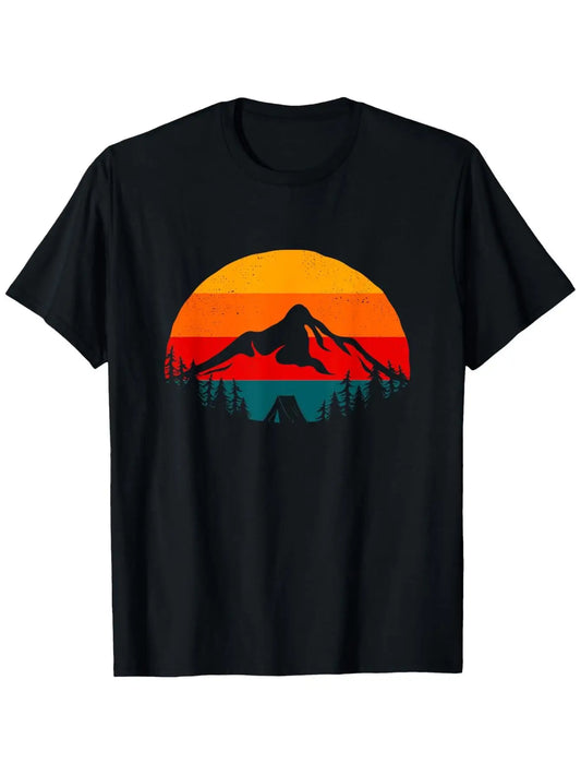 Vintage Men's Black Graphic T-Shirt Mountain Sunset Pine Forest Camping Tent Retro Nature Landscape Print 100% Cotton Heavyweight Short Sleeve Casual Streetwear Tee