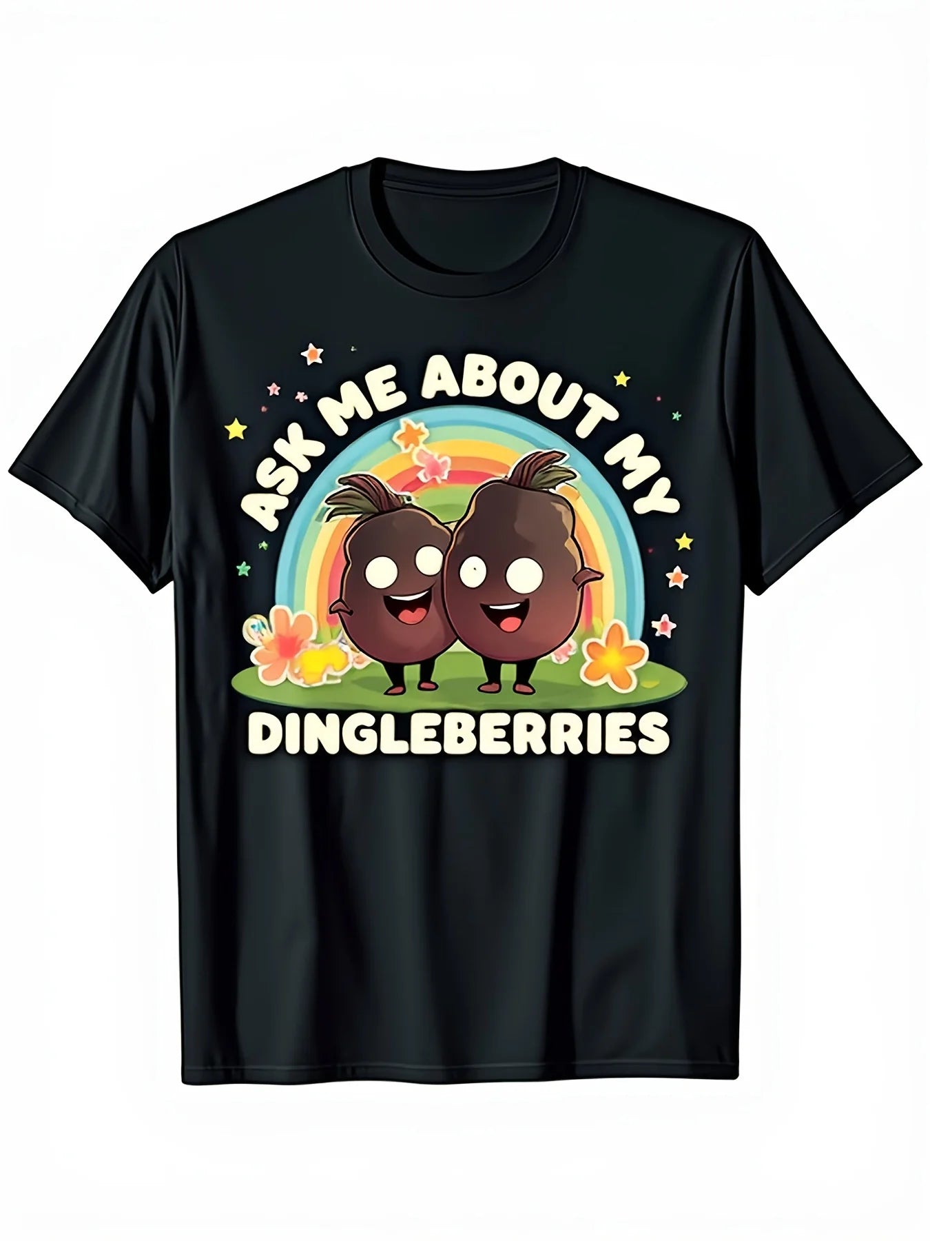 Funny Men's Black Graphic T-Shirt Cartoon Dingleberries Rainbow Stars Flower Cute Character Bold Letter Print 100% Cotton Heavyweight Short Sleeve Casual Streetwear Tee
