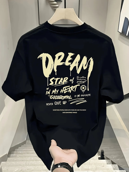 Trendy Men's Black Graphic T-Shirt Dream Star in My Heart Never Give up Bold Letter Print 100% Cotton Heavyweight Short Sleeve Casual Streetwear Tee