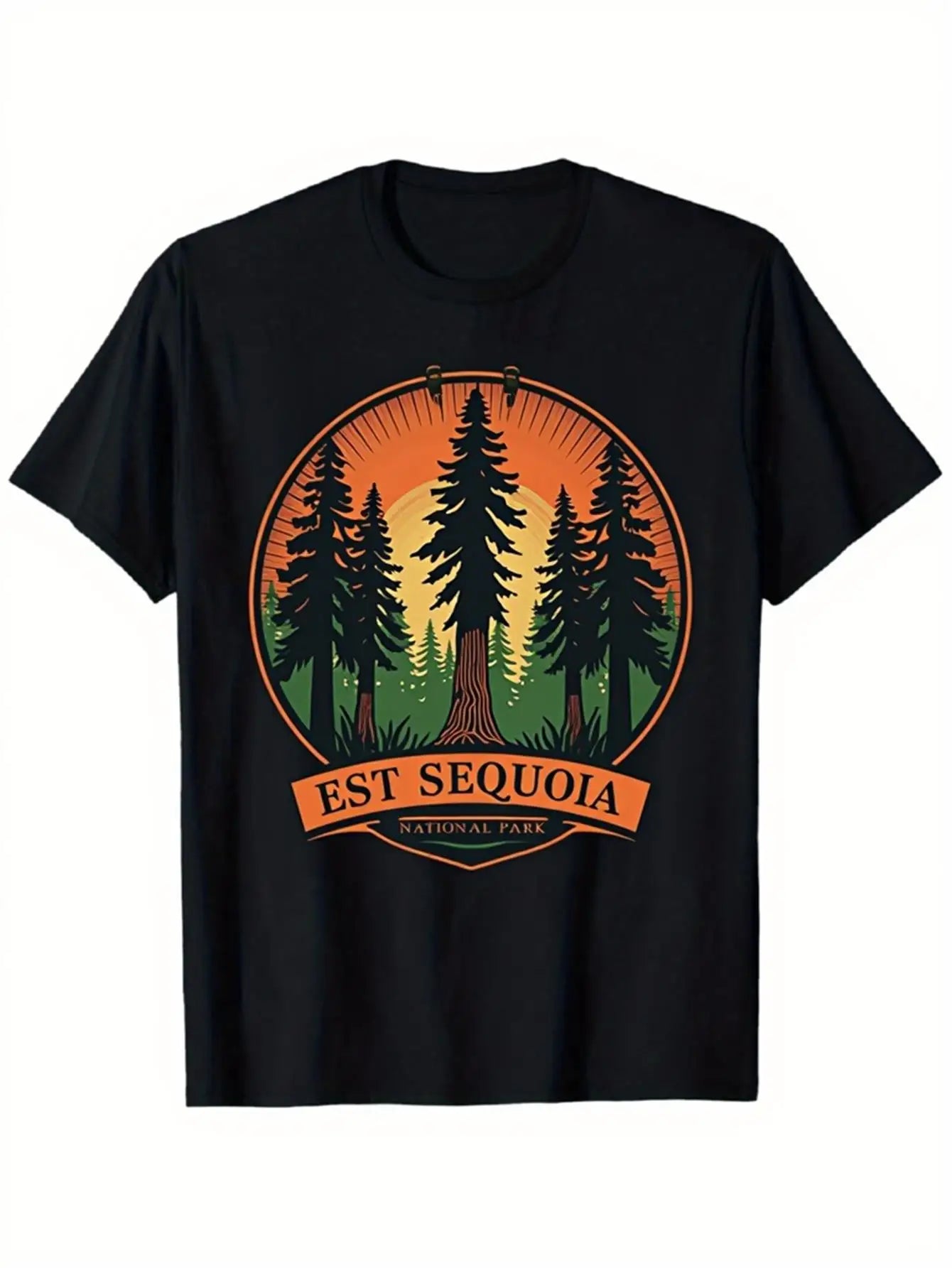 Vintage Men's Black Graphic T-Shirt Sequoia Forest Pine Tree Sunset Circle Badge Nature Travel Retro Print 100% Cotton Heavyweight Short Sleeve Casual Streetwear Tee