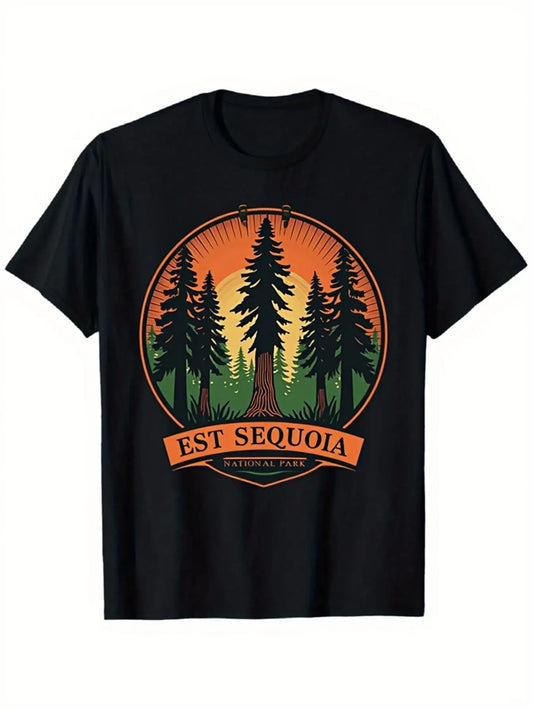 Vintage Men's Black Graphic T-Shirt Sequoia Forest Pine Tree Sunset Circle Badge Nature Travel Retro Print 100% Cotton Heavyweight Short Sleeve Casual Streetwear Tee
