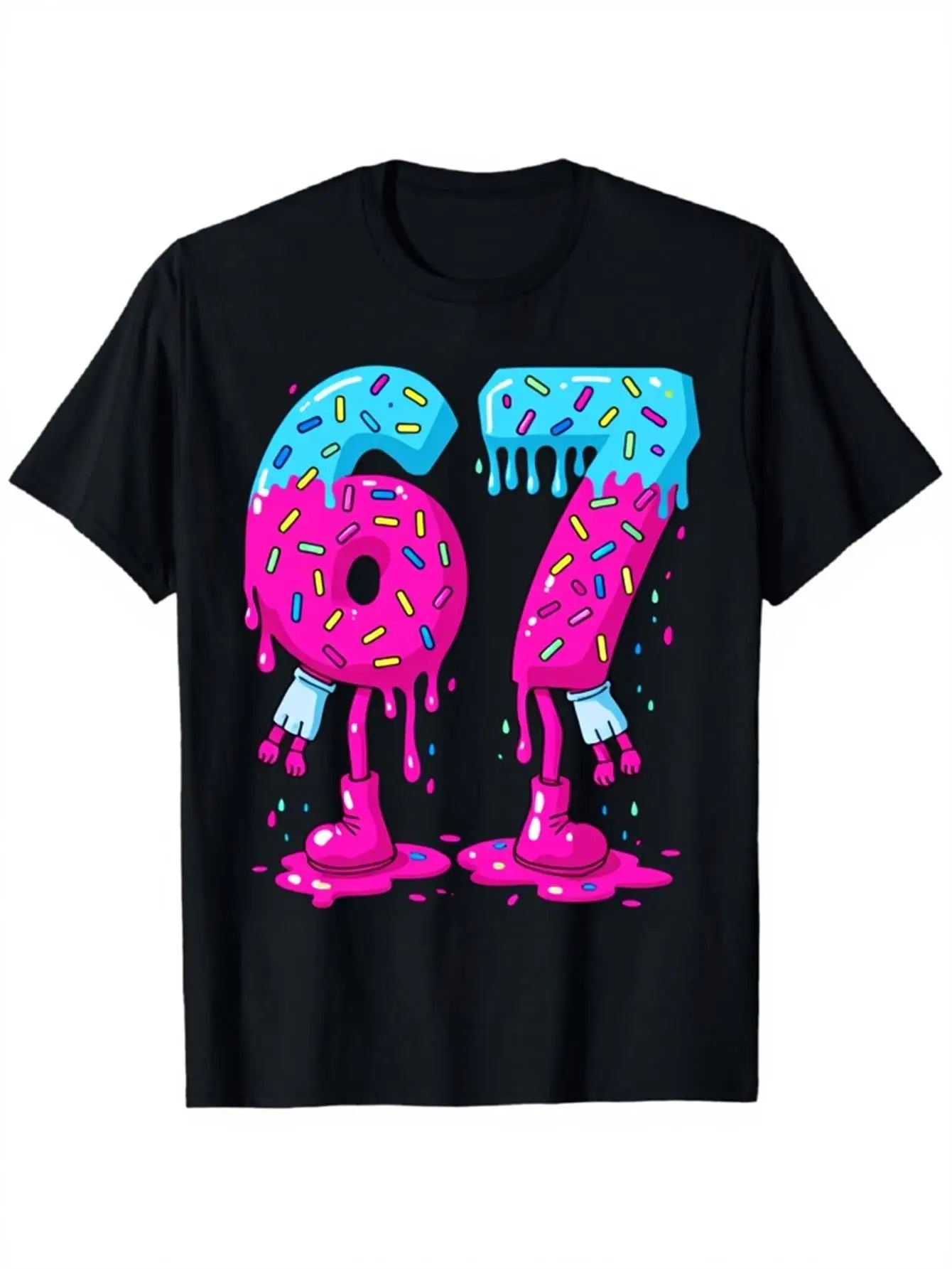 Trendy Men's Black Graphic T-Shirt Melting Number 67 Pink Blue Sprinkle Donut Cartoon Legs Dripping Frosting Bold Pop Art Print 100% Cotton Heavyweight Short Sleeve Casual Streetwear Tee