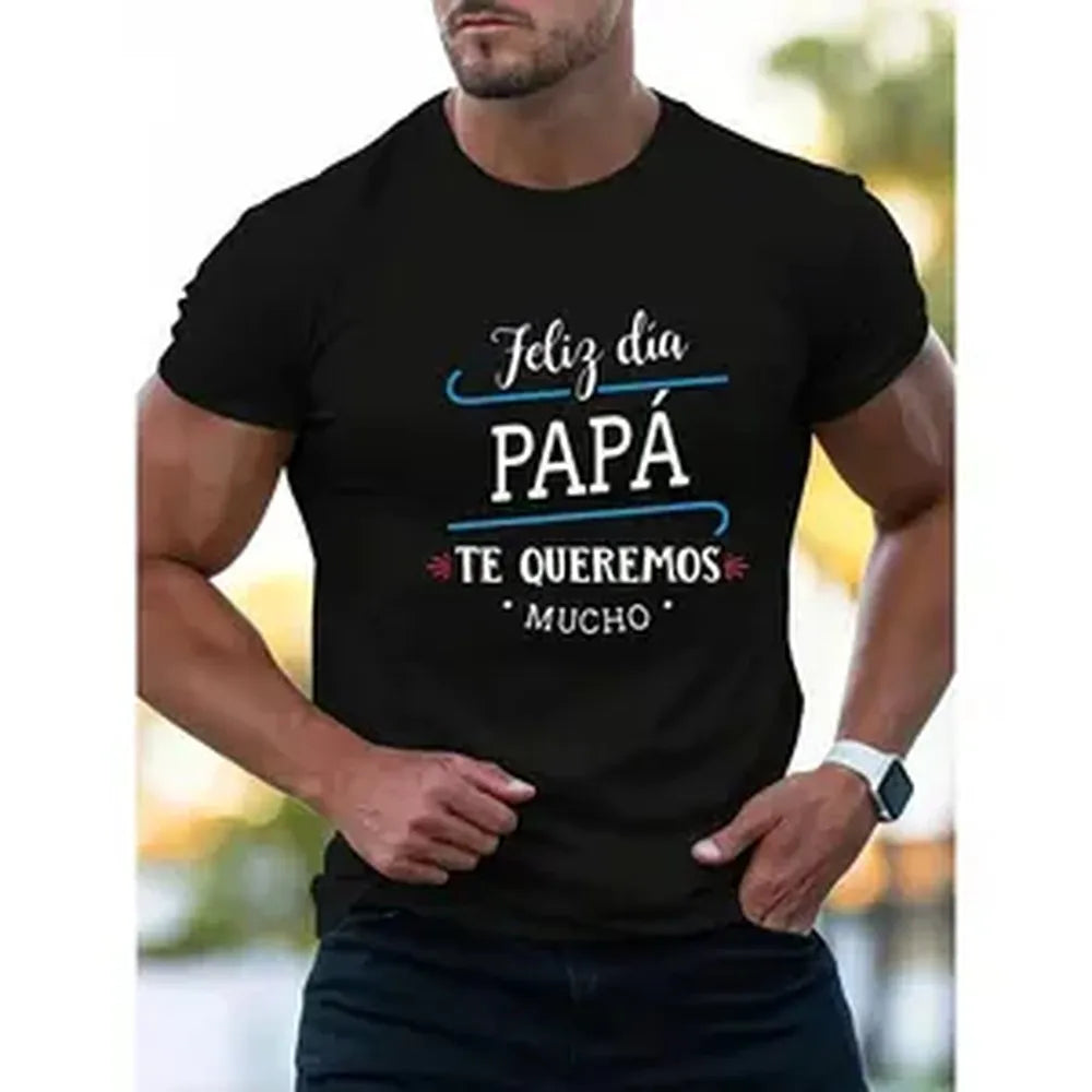 Home Break Men's Black T Shirt with Feliz Dia Papa Spanish Father Print Sweat Absorbing Comfortable Short Sleeve for Daily Wear External Work and Casual Style