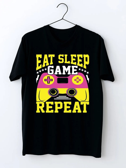 Trendy Men's Black Graphic T-Shirt Eat Sleep Game Repeat Slogan Pink Yellow Game Controller Stars Bold Letter Print 100% Cotton Heavyweight Short Sleeve Casual Streetwear Tee
