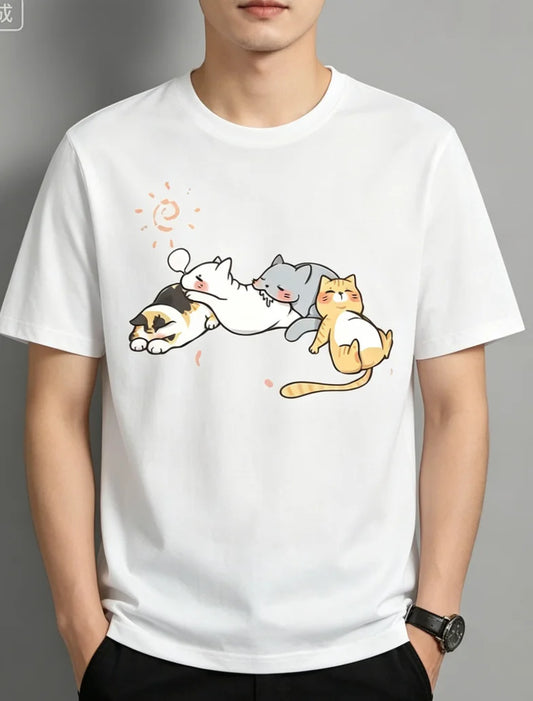 Cute Cats Napping Print Tee Shirt, Tee For Men Casual Short Sleeve T-shirt For Summer Spring Fall, Tops As Gifts