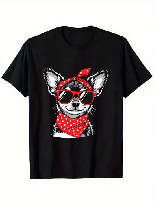 Trendy Men's Black Graphic T-Shirt Chihuahua Dog Red Sunglasses Polka Dot Bandana Smiling Pet Cartoon Portrait Print 100% Cotton Heavyweight Short Sleeve Casual Streetwear Tee