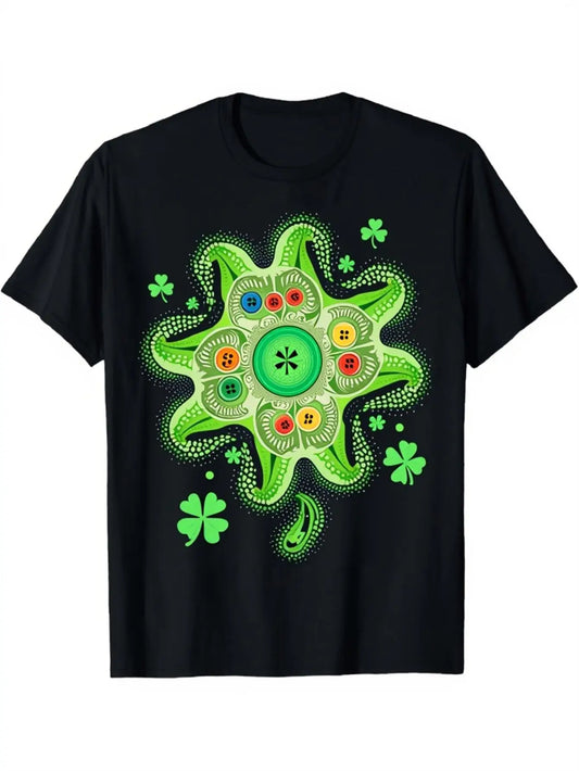 Trendy Men's Black Graphic T-Shirt Green Floral Swirl Button Clover Sparkle Dot Abstract Lucky Symbol Print 100% Cotton Heavyweight Short Sleeve Casual Streetwear Tee
