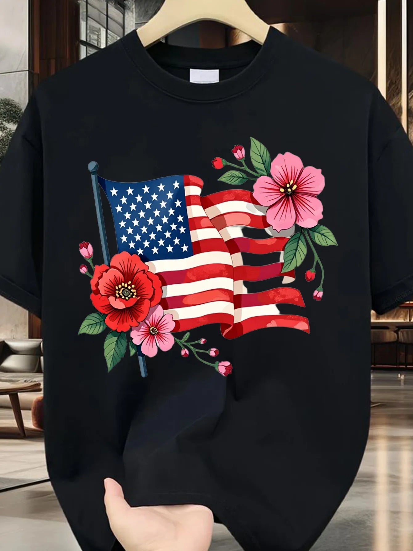 Trebalena Round Neck T-Shirt Patriotic Floral American Flag, Casual Summer Style, Short Sleeve, Fashion Top for Man and Women, Suitable for Mother's Day, Memorial Day, June 10th_00001, PLUS SIZE