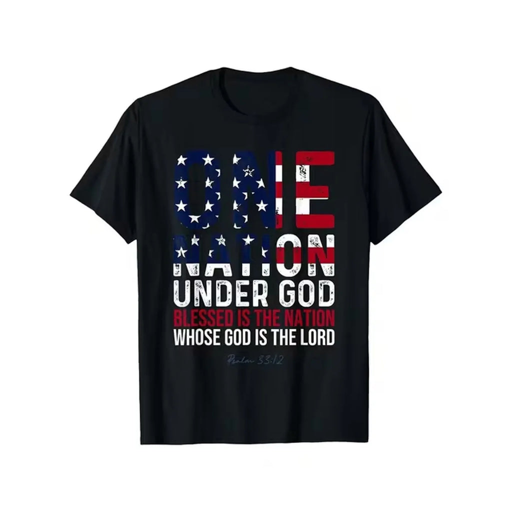 item picture mens american flag t shirt united under god is whose god is with text biblical reference psalm 33 12 fit casual christian wear for