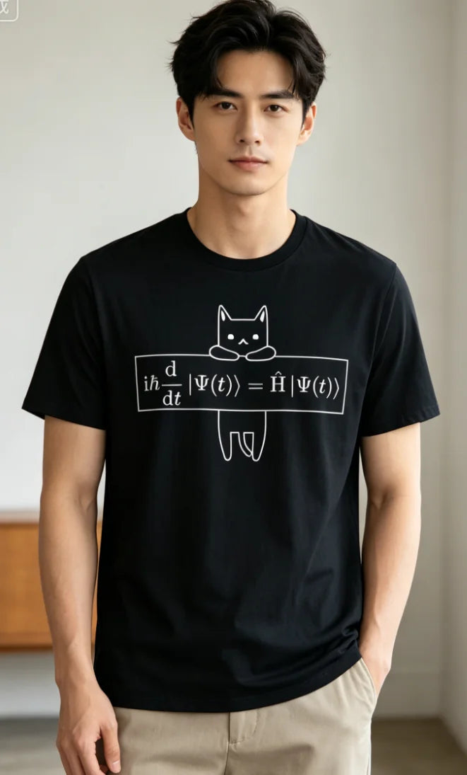 Men's Schrodinger Equation Cat TShirt Black Short Sleeve Round Neck Casual Science Tee for Teachers Short Sleeve Style TShirt
