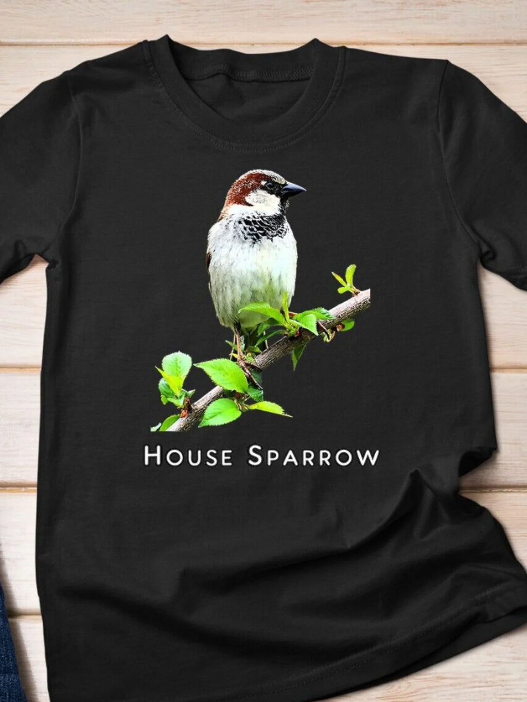 Vintage Men's Black Graphic T-Shirt House Sparrow Bird on Branch Green Leaves Nature Letter Print 100% Cotton Heavyweight Short Sleeve Casual Streetwear Tee