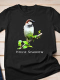 Vintage Men's Black Graphic T-Shirt House Sparrow Bird on Branch Green Leaves Nature Letter Print 100% Cotton Heavyweight Short Sleeve Casual Streetwear Tee