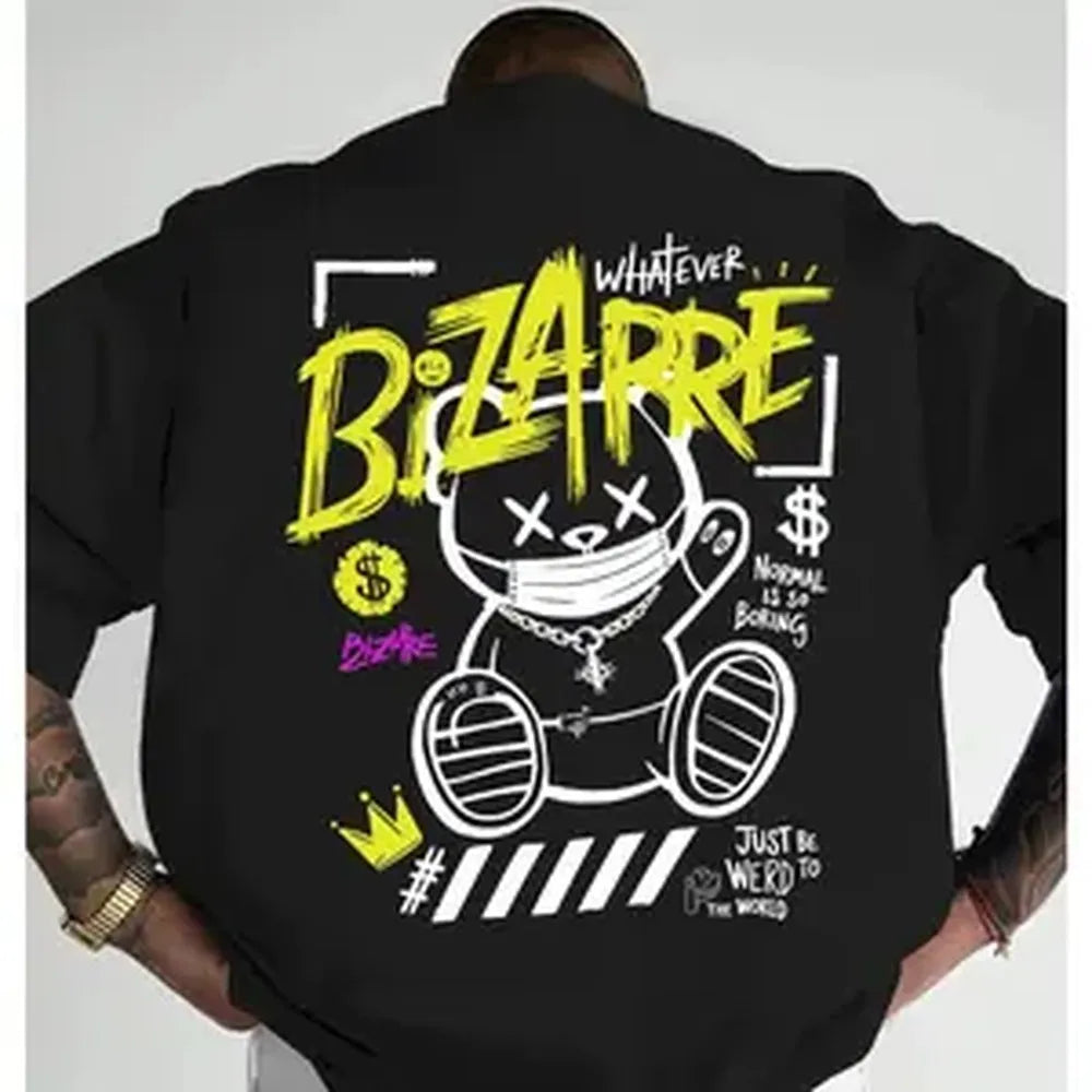 Men's Plus Size Short Sleeve T-Shirt, Odd Bear & Strange Letter Graphic Print, Fashion Streetwear Mens Casual Wear, Perfect for Daily Wear
