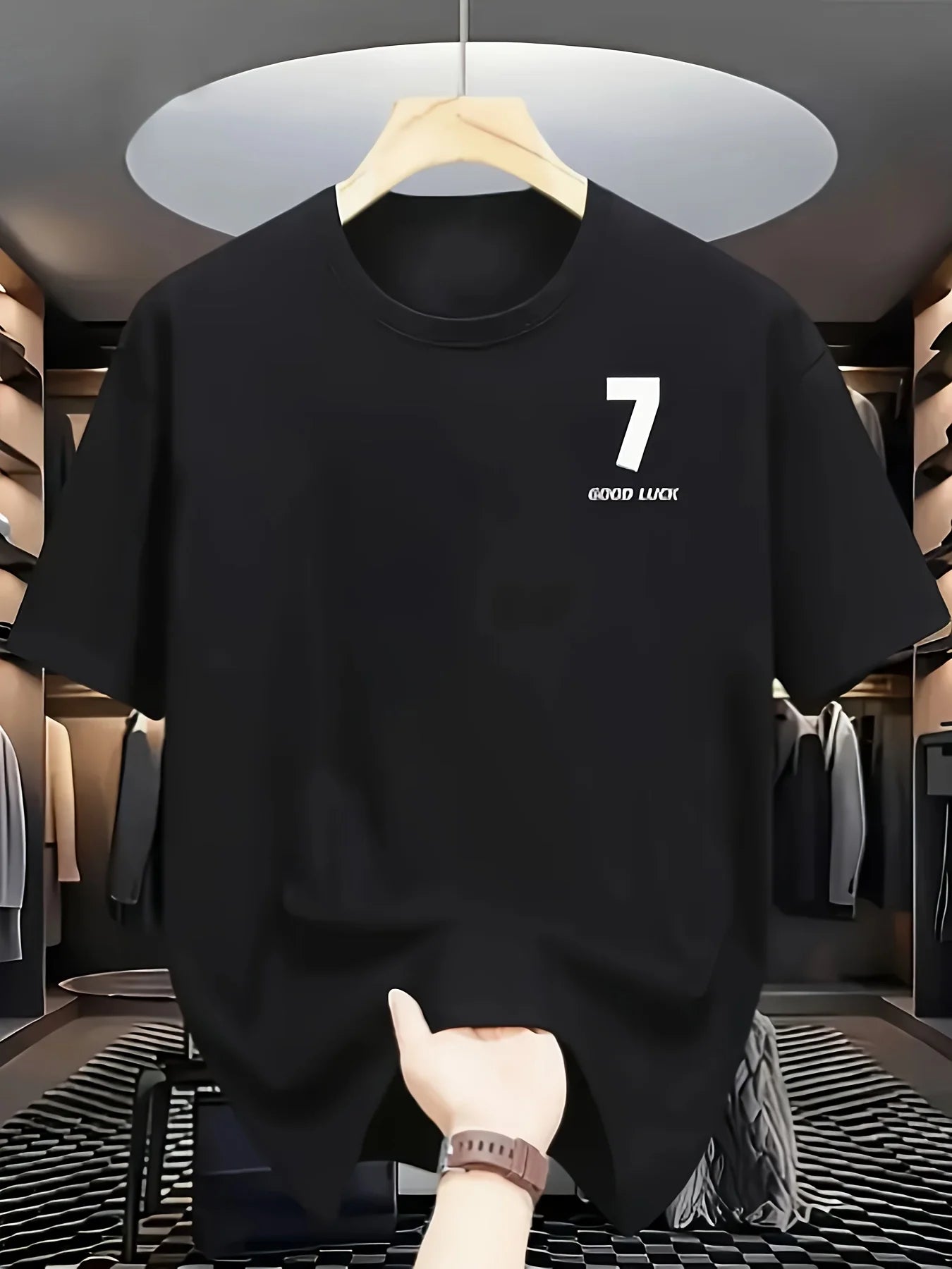 Minimalist Men's Black Graphic T-Shirt Lucky Number 7 Good Luck Small Chest Typography Print 100% Cotton Heavyweight Short Sleeve Casual Streetwear Tee