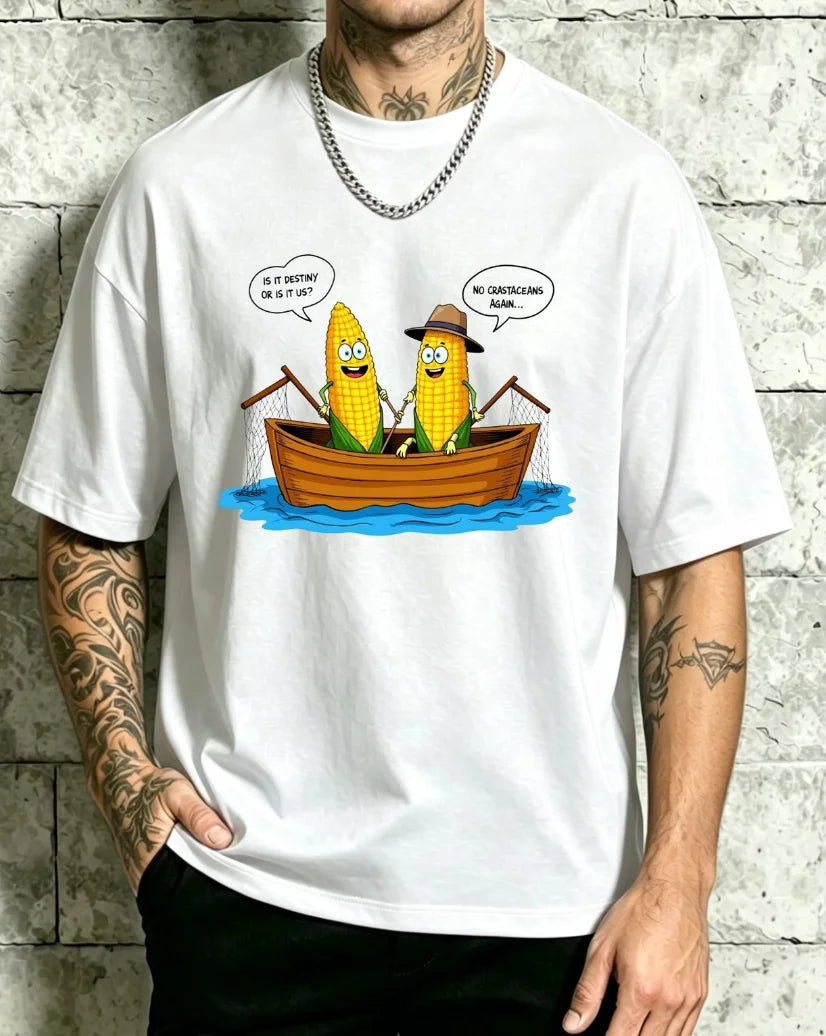 Cartoon Corn Characters In Boat Mens Crew Neck T Shirt Loose Fit Soft Daily Wear And Holiday Gifts Fun Corn With Hat And Oars Fl