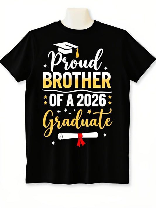 Proud Brother Of A 2026 Graduate Plus Size T-Shirt Black Casual Tee With Graduation Cap Graphic Bold Yellow 'Brother' Text And Graduation Diploma Design Ideal Gift For Siblings Crew Neck Retro Casual Short-Sleeved T-Shirt With Round Neck and Printed