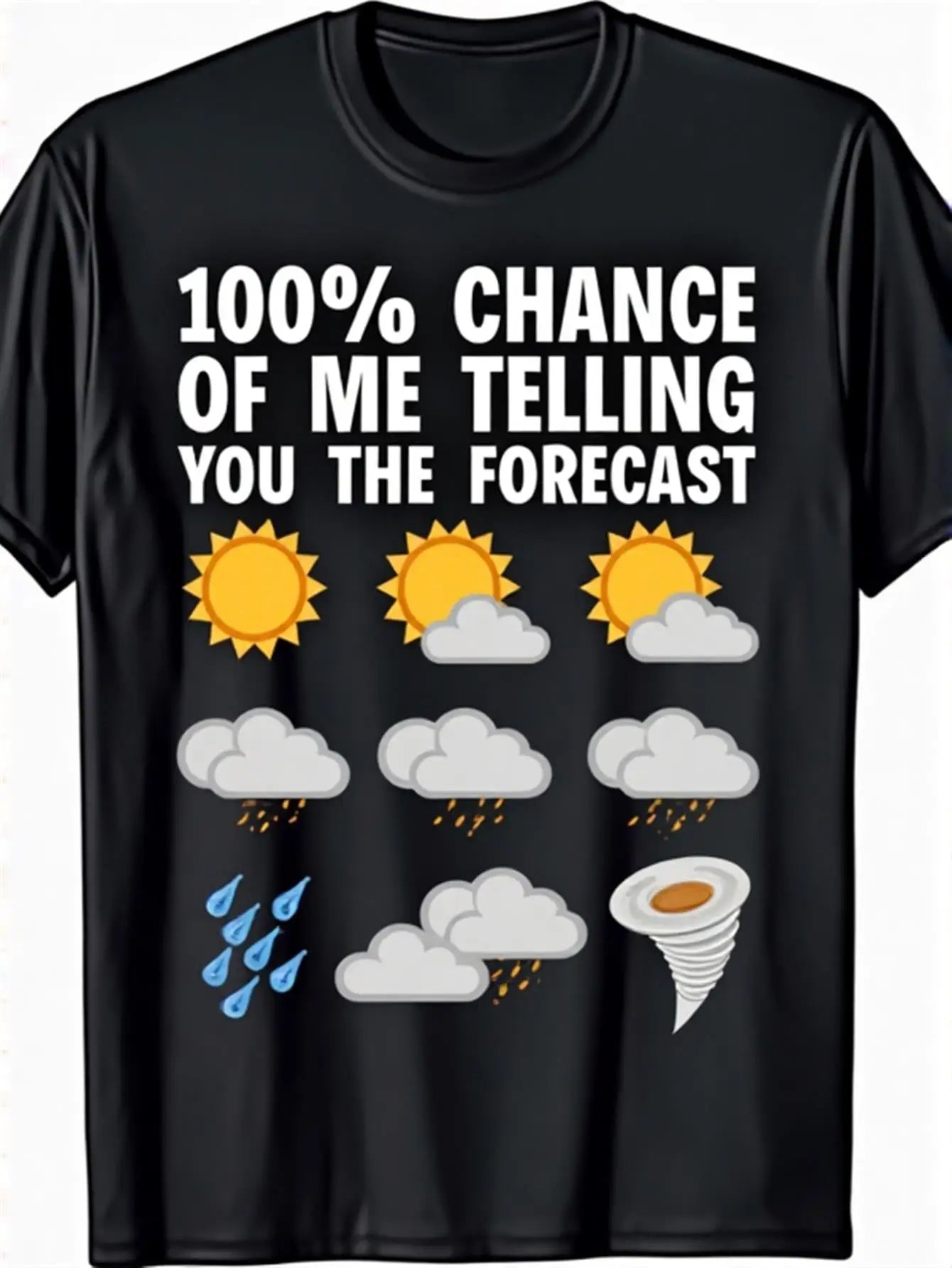 Funny Men's Black Graphic T-Shirt Weather Forecast Bold Letter Print Sun Cloud Rain Tornado Illustration 100% Cotton Heavyweight Short Sleeve Casual Streetwear Tee