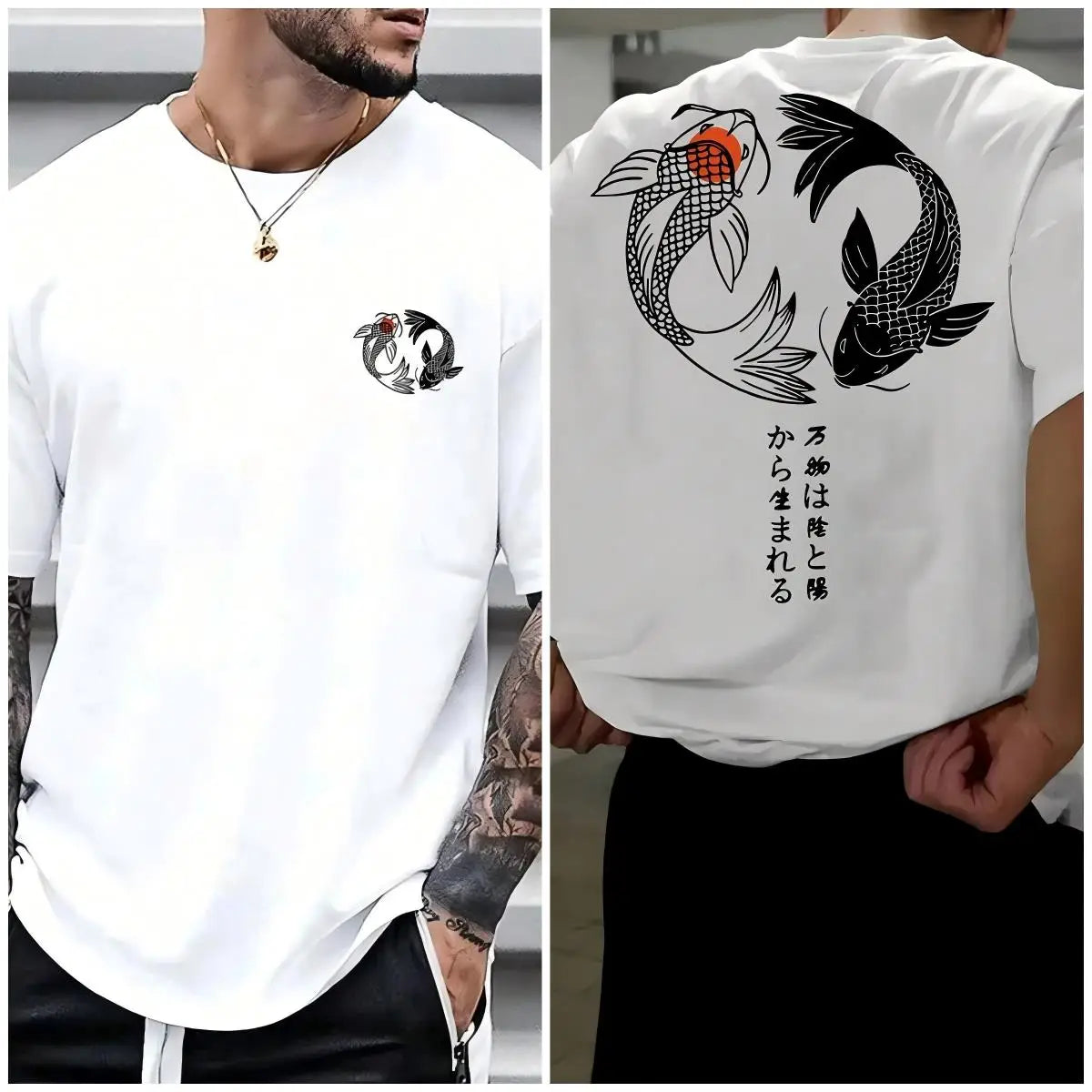 Japanese Koi Harajuku Illustration Design T-shirt Suit Men's Summer Casual T-shirt Fashion Short Sleeve Loose Cotton Sportwear