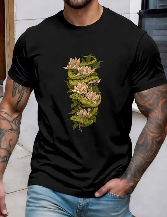 Serpent Blossom Men'S Tshirt Green Snake and Lotus Flower Print Pattern Pure Premium Print Durable Casual Fashion
