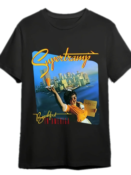 Super Breakfast in America Rock Band Legends Fun Men's Short Sleeve Graphic T-Shirt Collection Black Local Community Store In Stock Quick Hair Soft Cotton Comfort Enjoy Special Discounts Suitable for Easter, Halloween, Thanksgiving, etc.