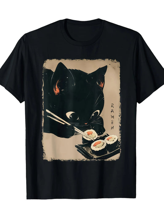 Vintage Men's Black Graphic T-Shirt Black Cat Sushi Chopsticks Japanese Style Food Illustration Print 100% Cotton Heavyweight Short Sleeve Casual Streetwear Tee