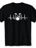 Men'S Black T-Shirt Drum Heartbeat Lifeline Design Perfect Gift for Music Lovers And Drummers 12 Retro Casual Short-Sleeved T-Shirt with Round Neck And Printed Pattern, Suitable for Daily Commuting And Outdoor Activities, Machine Washable