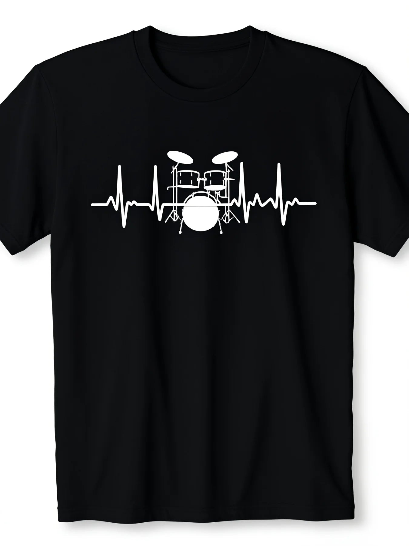 Men'S Black T-Shirt Drum Heartbeat Lifeline Design Perfect Gift for Music Lovers And Drummers 12 Retro Casual Short-Sleeved T-Shirt with Round Neck And Printed Pattern, Suitable for Daily Commuting And Outdoor Activities, Machine Washable