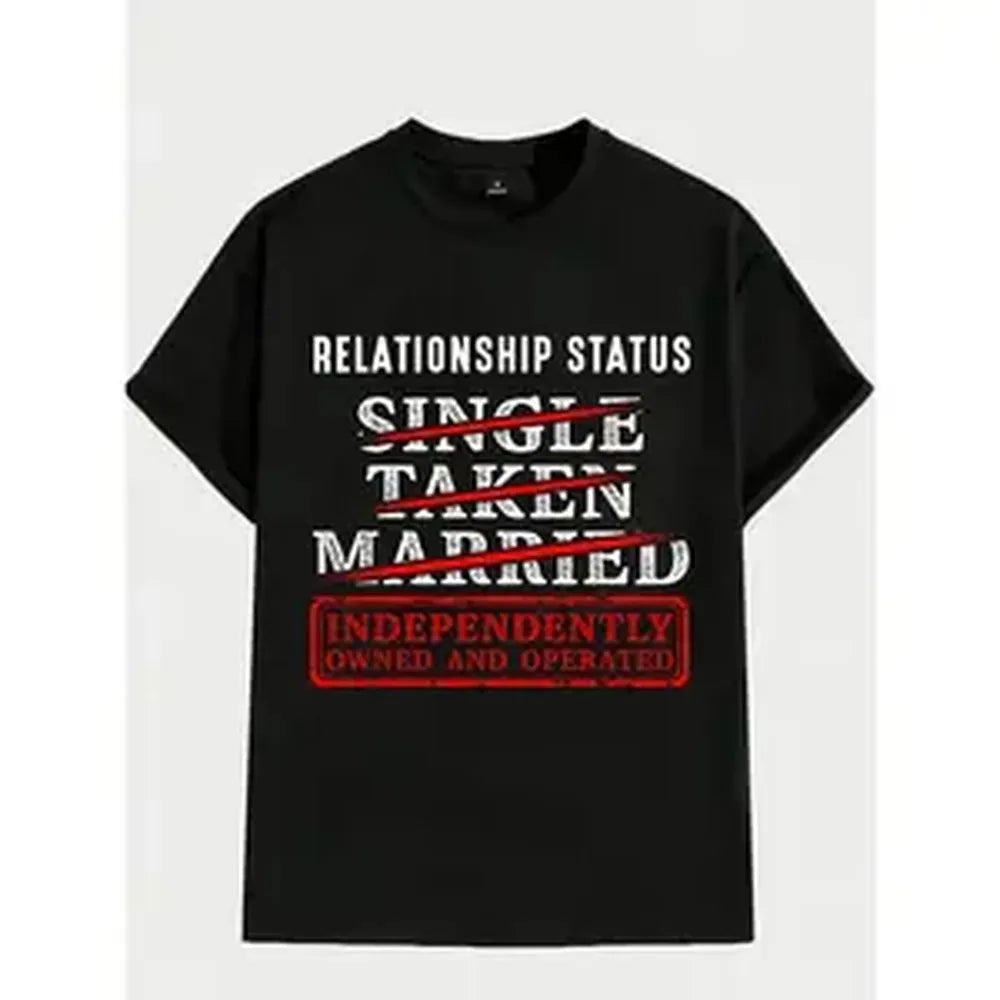 Unisex Black Cotton Oversized T-Shirt, Funny Graphic Tee "Relationship Status Independently Single Divorced Ex Wife", White & Red Text, Grandma's Favorite T Shirt, Trendy Funny Shirts Guys Gifts Good Graphic Tees