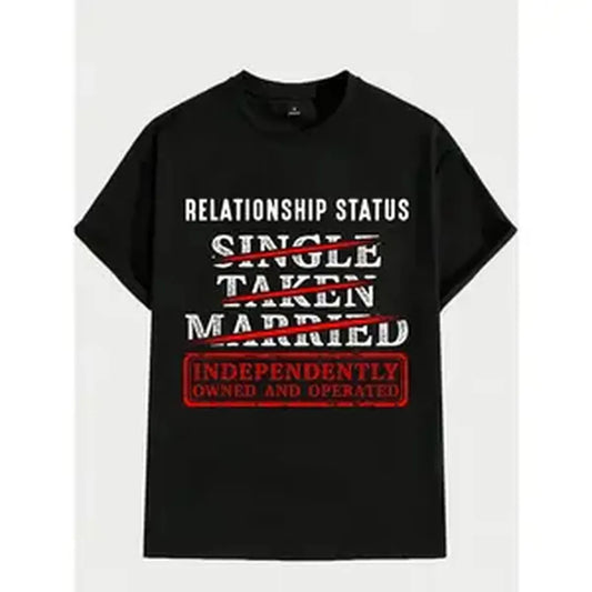 Unisex Black Cotton Oversized T-Shirt, Funny Graphic Tee "Relationship Status Independently Single Divorced Ex Wife", White & Red Text, Grandma's Favorite T Shirt, Trendy Funny Shirts Guys Gifts Good Graphic Tees