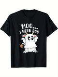 Funny Men's Black Graphic T-Shirt Cow Ghost Costume Moo I Mean Boo Cartoon Horn Tail Halloween Joke Print 100% Cotton Heavyweight Short Sleeve Casual Streetwear Tee