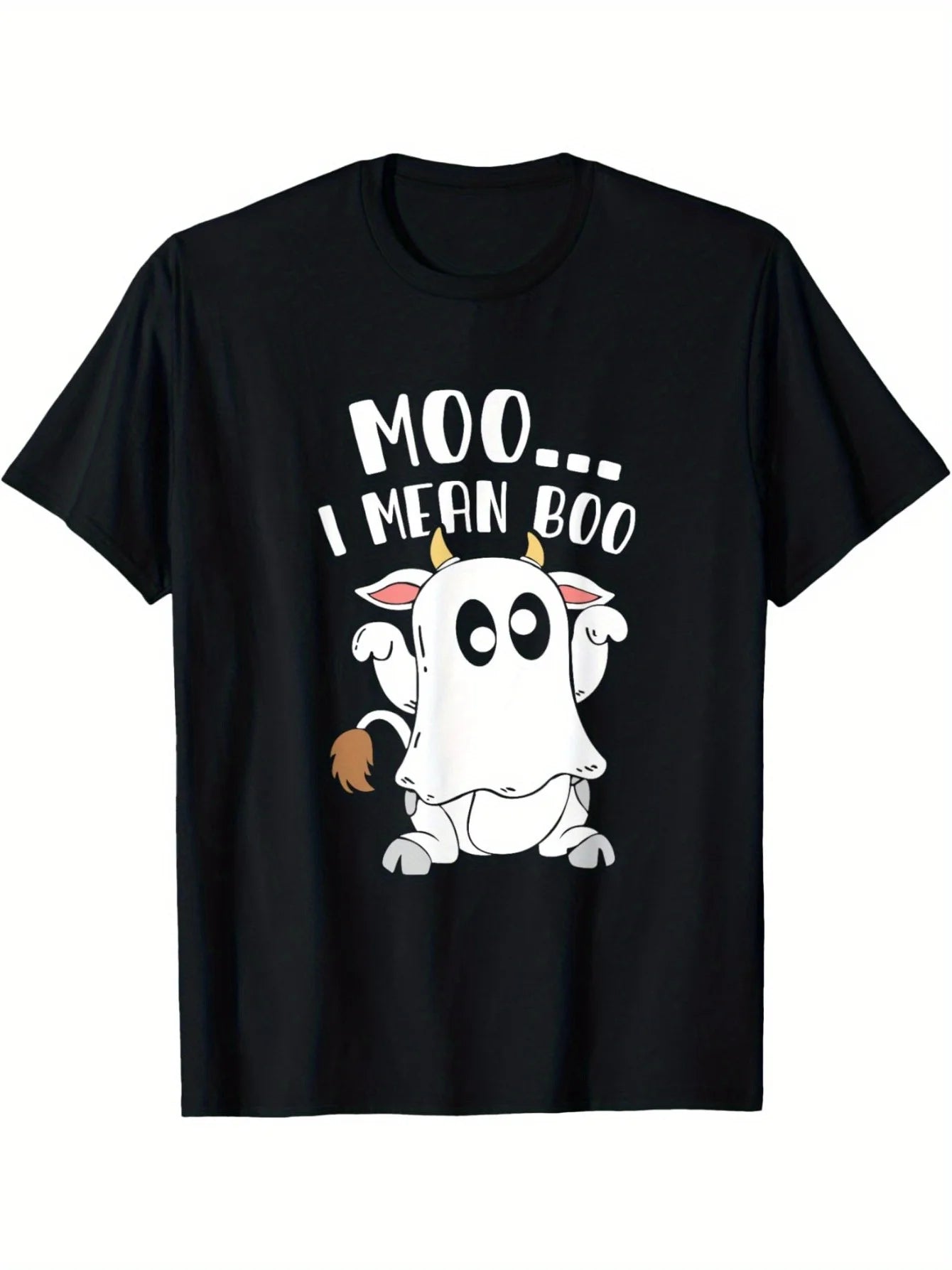 Funny Men's Black Graphic T-Shirt Cow Ghost Costume Moo I Mean Boo Cartoon Horn Tail Halloween Joke Print 100% Cotton Heavyweight Short Sleeve Casual Streetwear Tee