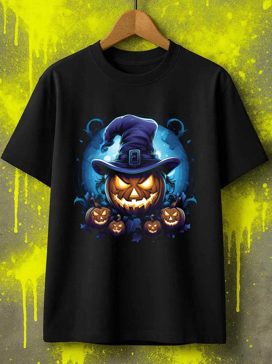 Vintage Men's Black Graphic T-Shirt Glowing Jack O Lantern Witch Hat Halloween Pumpkin Faces Blue Moon Night Vintage Print 100% Cotton Heavyweight Short Sleeve Casual Streetwear Tee