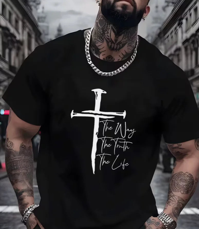 Classic Christian Tee with White Cross The Way The Truth The Life Print Men's Street Style Casual Wear Adults Men Daily Outfit