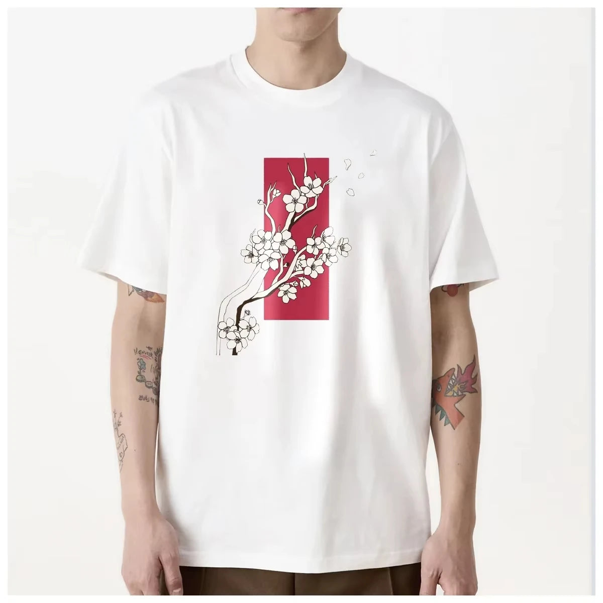HOT SALE Dongdongjing Cherry Blossom White Crane Fan Beautiful Tee Men T Shirt Women Fashion Soft Comfortable Cotton Casual Top
