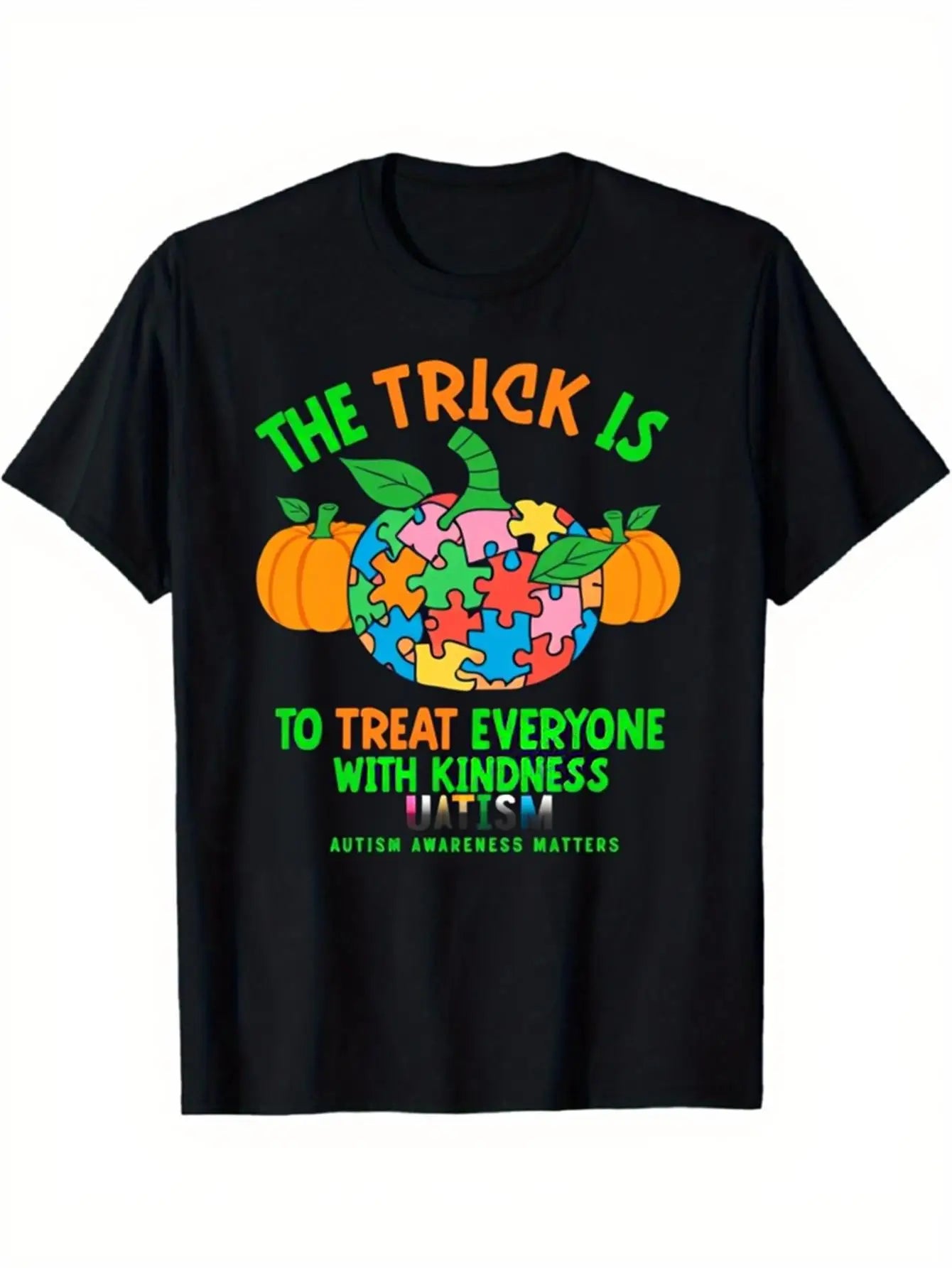 Casual Men's Black Graphic T-Shirt Pumpkin Puzzle Piece Leaf Kindness Quote Colorful Letter Print 100% Cotton Heavyweight Short Sleeve Casual Streetwear Tee