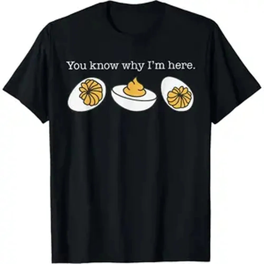 Men's Funny Thanksgiving T-Shirt with "You Know Why I'm Here" Deviled Eggs Graphic, Short-Sleeve Retro Cotton Streetwear, Tshirt