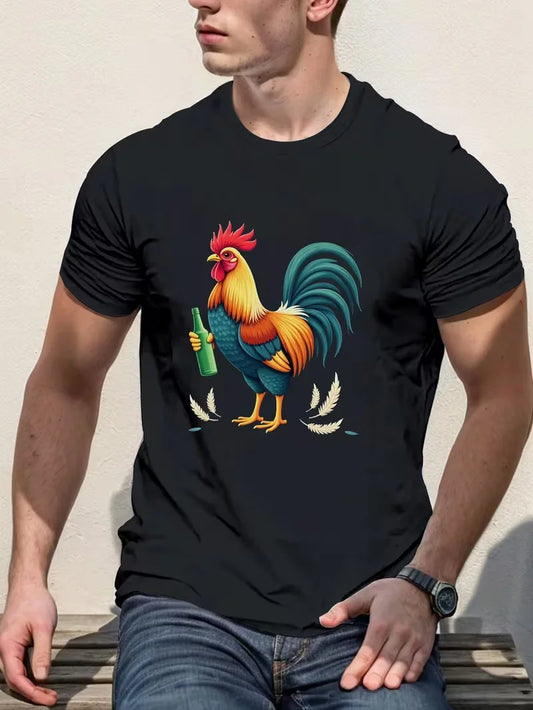 Rooster T-shirt Holding Green Bottle Pure Cotton Men's T-shirt Comfort Fit