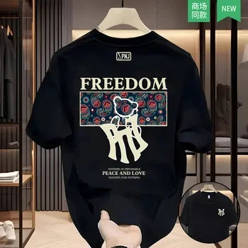 Men Women FREEDOM Bear Paisley Print T Shirt Casual Streetwear Crew Neck Short Sleeve Tee Oversized Cotton Blend Top Daily Wear