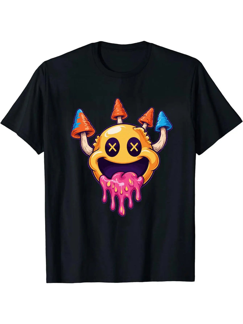 Trendy Men's Black Graphic T-Shirt Melting Smiley Face X Eyes Colorful Mushroom Drip Tongue Psychedelic Cartoon Graphic 100% Cotton Heavyweight Short Sleeve Casual Streetwear Tee