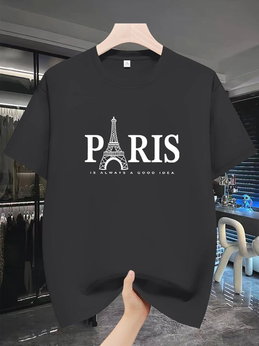 Classic Men's Black Graphic T-Shirt Paris Eiffel Tower Letter Print City Travel Slogan Vintage Typography 100% Cotton Heavyweight Short Sleeve Casual Streetwear Tee