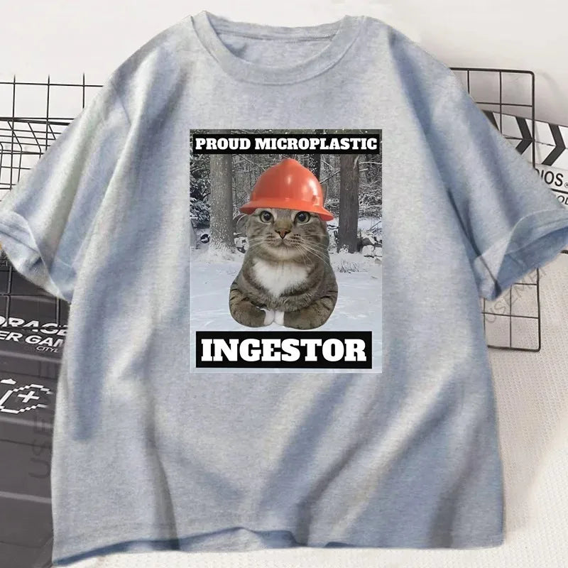 Cat Meme T Shirt Proud Microplastic Cat T-Shirt Short Sleeve Graphic Tee Cotton Casual O Neck Fashion T-shirt Streetwearw Unisex