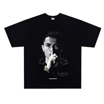 Trendy Cristiano Ronaldo Portrait Print T Shirt Men Women Oversized Casual Short Sleeve Cotton Blend Tee Streetwear Fashion Top