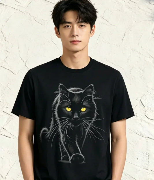 Unisex Short-Sleeve T-Shirt Featuring A Black Cat with Yellow Eyes Perfect for Casual Autumn Fashion for Both Men and Women
