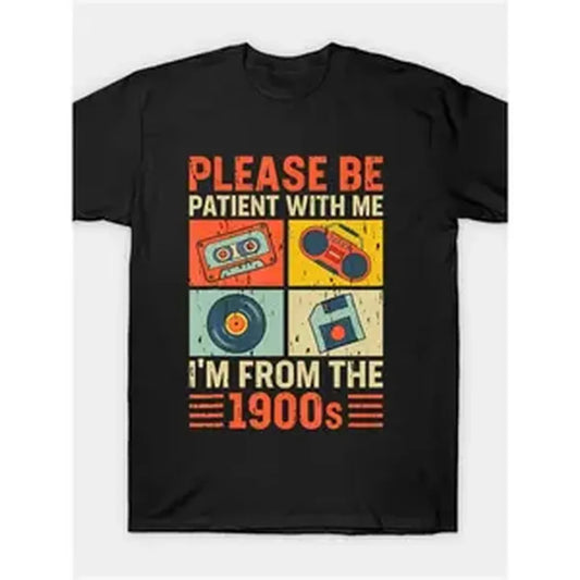 Vintage Graphic Black T-Shirt - "PLEASE BE PATIENT WITH ME" Design with Nostalgic 1900s Icons – Includes Colorful Cassette Tape, Boombox, Vinyl Record & Floppy Disk - Soft and Breathable Cotton, Available in Plus Sizes, Perfect for Retro Style Lovers
