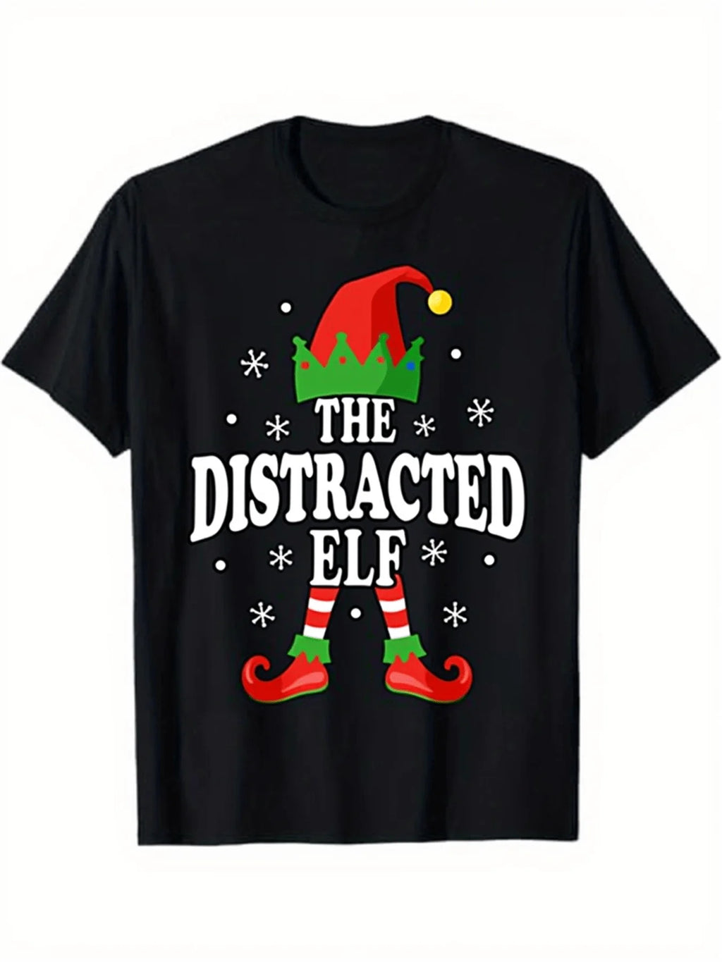 Funny Men's Black Graphic T-Shirt Distracted Elf Hat Striped Legs Curled Shoes Snowflake Holiday Typography Print 100% Cotton Heavyweight Short Sleeve Casual Streetwear Tee