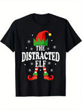 Funny Men's Black Graphic T-Shirt Distracted Elf Hat Striped Legs Curled Shoes Snowflake Holiday Typography Print 100% Cotton Heavyweight Short Sleeve Casual Streetwear Tee